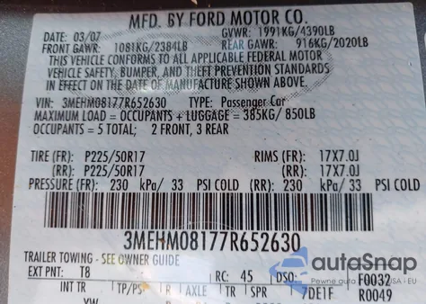 2007 Mercury Milan V6 Premier z USA, uszkodzony, nr VIN 3MEHM08177R652630